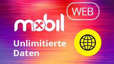 Bunte Illustration mit Netzwerk icon und folgendem Text: Mobil, Web, umlimitierte Daten 