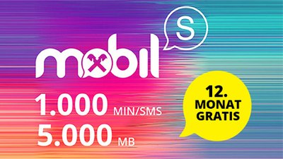 Bunte Illustration des Tarifangebots mit folgendem Text: Mobil (Tarifpaket S), 1.000 Minuten/SMS, 5.000 MB, 12. Monat gratis 