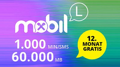 Bunte Illustration des Tarifangebots mit folgendem Text: Mobil (Tarifpaket L), 1000 Minuten/SMS, 60000 MB, 12. Monat gratis 