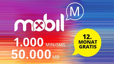 Bunte Illustration des Tarifangebots mit folgendem Text: Mobil (Tarifpaket M), 1000 Minuten/SMS, 50000 MB, 12. Monat gratis 
