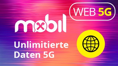 Bunte Illustration mit Netzwerkicon und folgendem Text: Mobil, Web 5G, unlimitierte Daten 5G