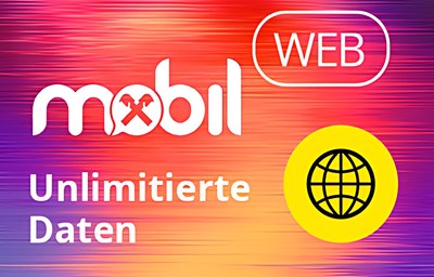 Bunte Illustration mit Netzwerk icon und folgendem Text: Mobil, Web, umlimitierte Daten