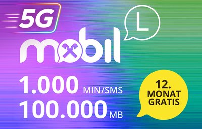 Bunte Illustration des Tarifangebots mit folgendem Text: Mobil (Tarifpaket L), 1000 Minuten/SMS, 100000 MB, 12. Monat gratis
