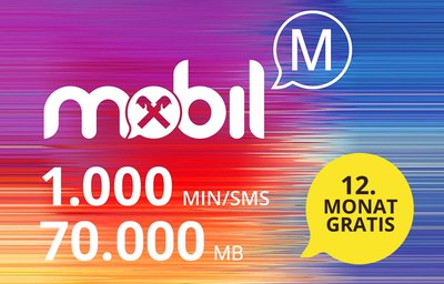Bunte Illustration des Tarifangebots mit folgendem Text: Mobil (Tarifpaket M), 1000 Minuten/SMS, 70000 MB, 12. Monat gratis