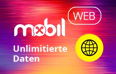 Bunte Illustration mit Netzwerk-Icon und folgendem Text: Mobil, Web, umlimitierte Daten 