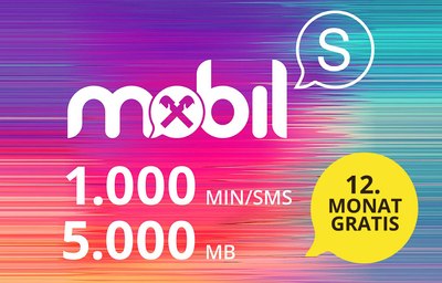 Bunte Illustration des Tarifangebots mit folgendem Text: Mobil (Tarifpaket S), 1.000 Minuten/SMS, 5.000 MB, 12. Monat gratis 