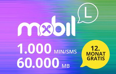 Bunte Illustration des Tarifangebots mit folgendem Text: Mobil (Tarifpaket L), 1000 Minuten/SMS, 60000 MB, 12. Monat gratis 
