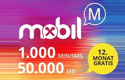 Bunte Illustration des Tarifangebots mit folgendem Text: Mobil (Tarifpaket M), 1000 Minuten/SMS, 50000 MB, 12. Monat gratis 