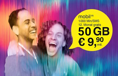 Bunte Illustration mit Sprechblase und folgendem Text: Mobil M, 1.000 Minuten/SMS, 12. Monat gratis, 50 GB; 9,90 € mtl.
