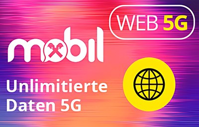 Bunte Illustration mit Netzwerkicon und folgendem Text: Mobil, Web 5G, unlimitierte Daten 5G