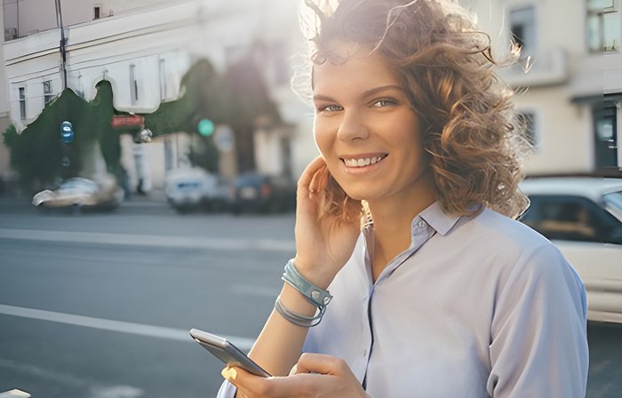 Foto einer lachenden Frau mit Smartphone
